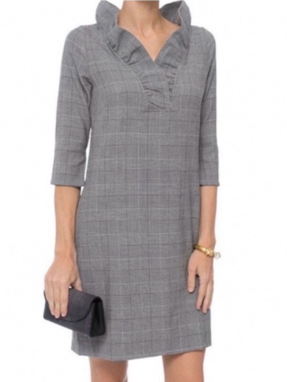 Gretchen Scott Wall Streeter Houndstooth Ruffle Neck Sheath Dress | S